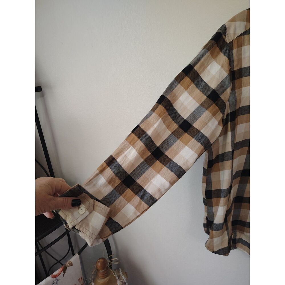 LOFT Women's Small Plaid Flannel Shirt Tan Black Button Down Cotton Relaxed Top - Picture 3 of 6